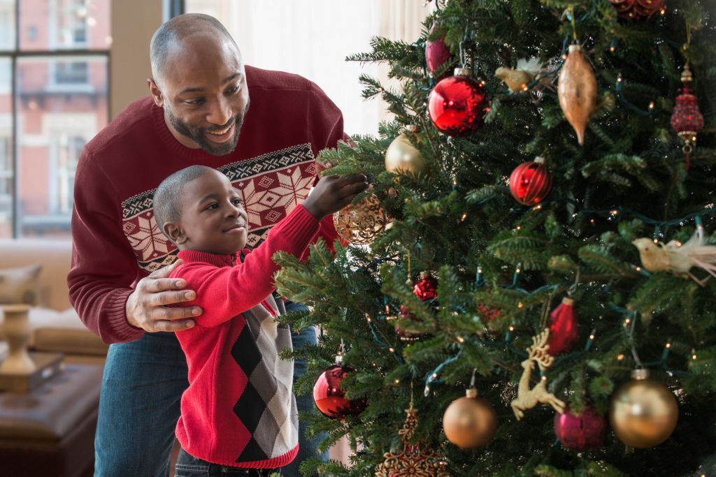Father and son decorating Christmas tree
