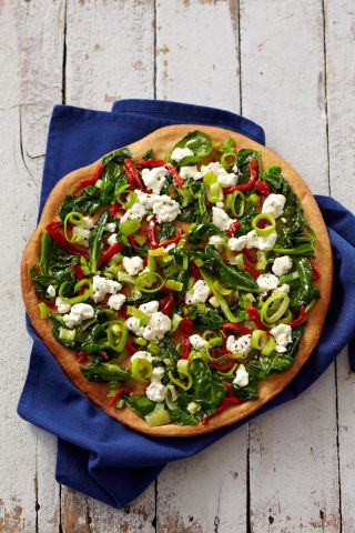 Thin Crust Pizza with Leeks, Feta, Spinach & Red Peppers