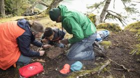 Trail guide teaching father and son how to build a campfire in woods
