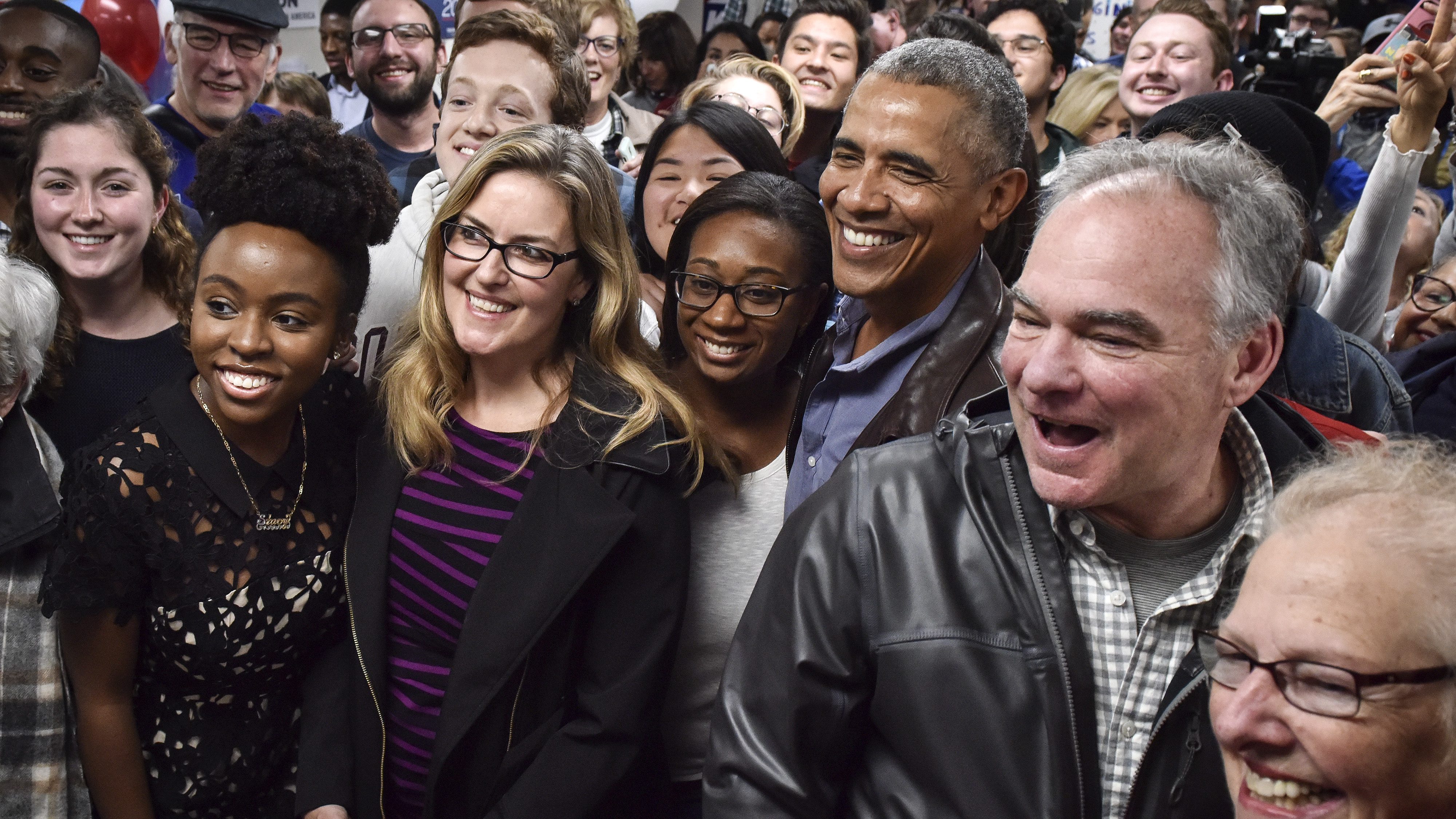 Former President Barack Obama joins Senatorial candidate Tim Kaine in a rally with campaign volunteers, in Fairfax, VA.