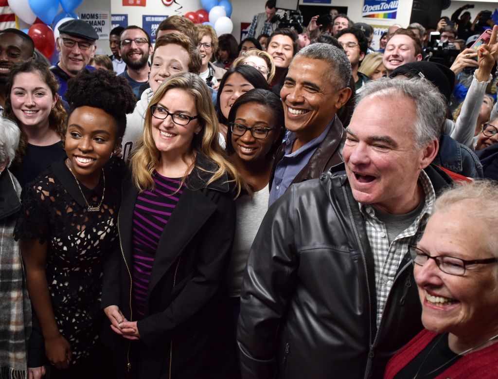 Former President Barack Obama joins Senatorial candidate Tim Kaine in a rally with campaign volunteers, in Fairfax, VA.