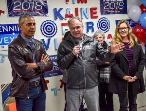 Former President Barack Obama joins Senatorial candidate Tim Kaine in a rally with campaign volunteers, in Fairfax, VA.
