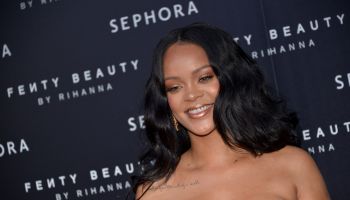 Rihanna attends the launch of her makeup line Fenty Beauty