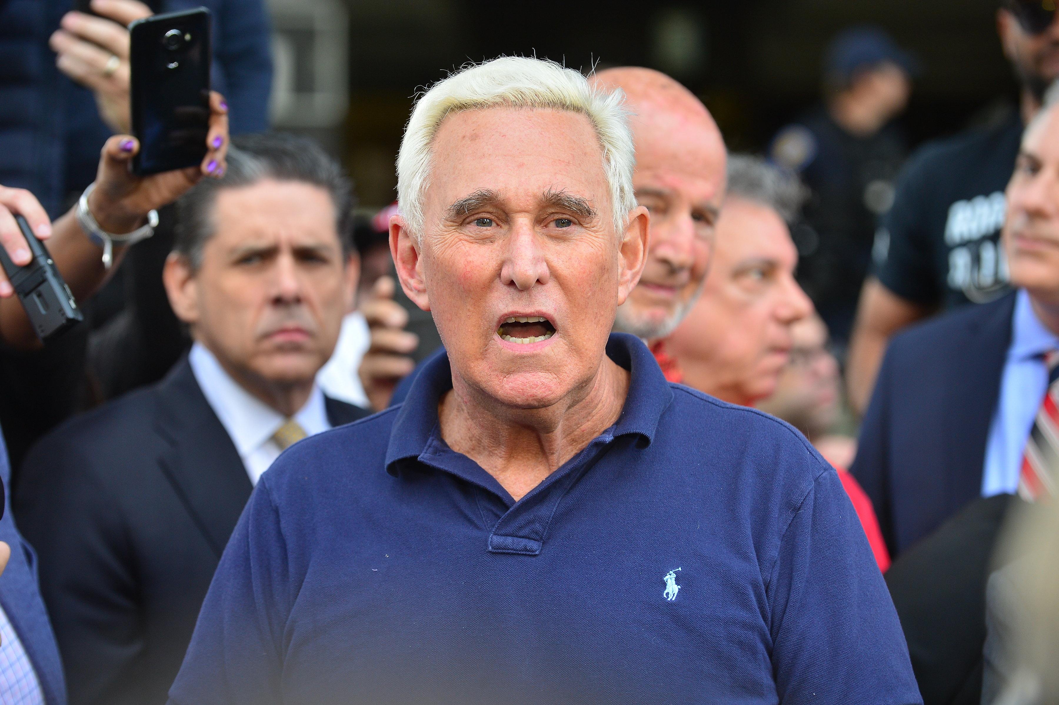 Roger Stone, former Trump campaign advisor, speaks to the media outside the Fort Lauderdale Federal Courthouse after being arrested by the FBI