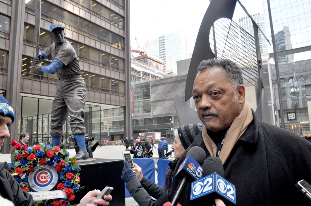 Ernie Banks statue stand at Chicago&apos;s Daley Plaza through Saturday, January 31, 2015