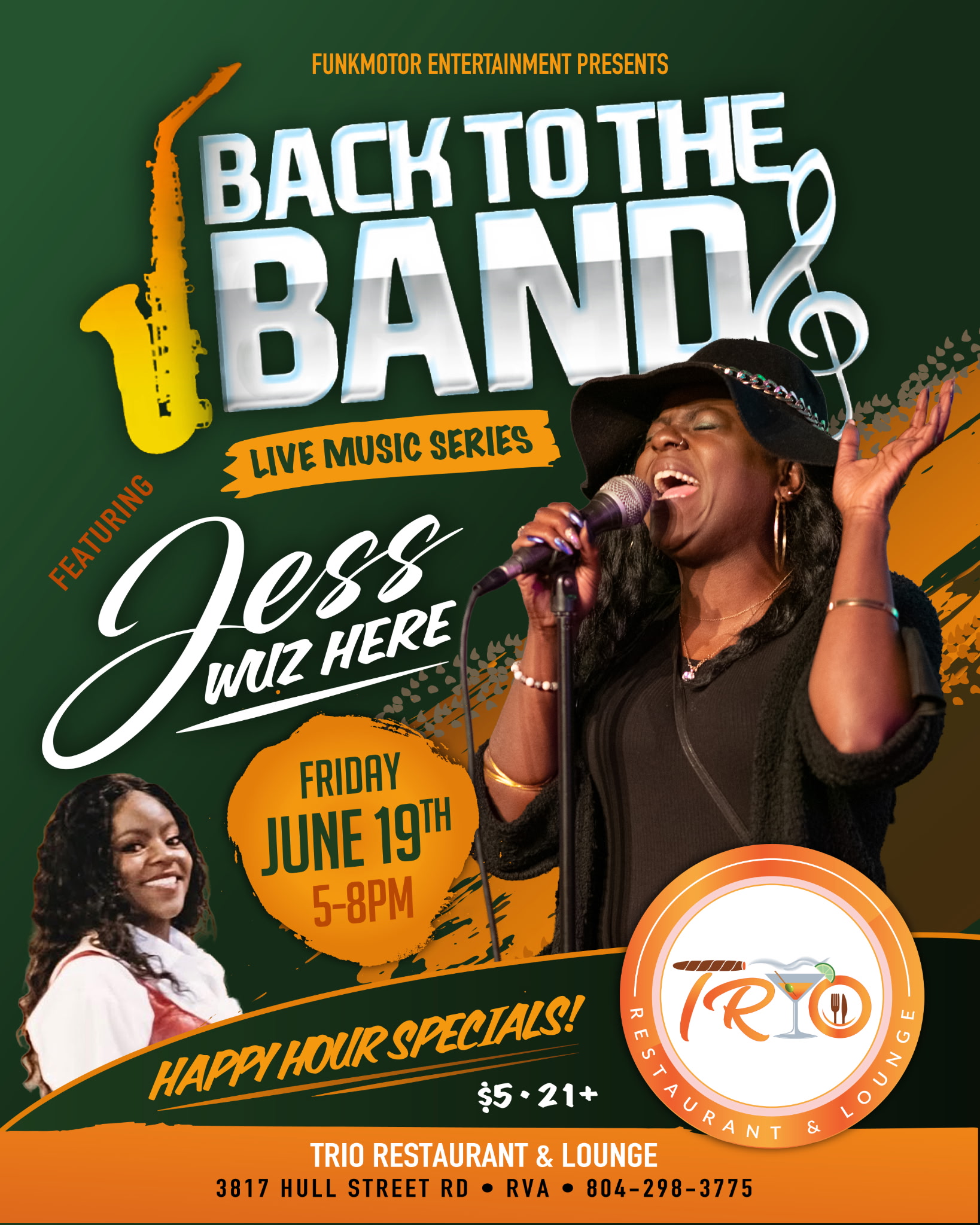 Back to the Band live music series featuring Jess Wiz Here performing at Trio Restaurant & Lounge on June 19th, 5-8pm.