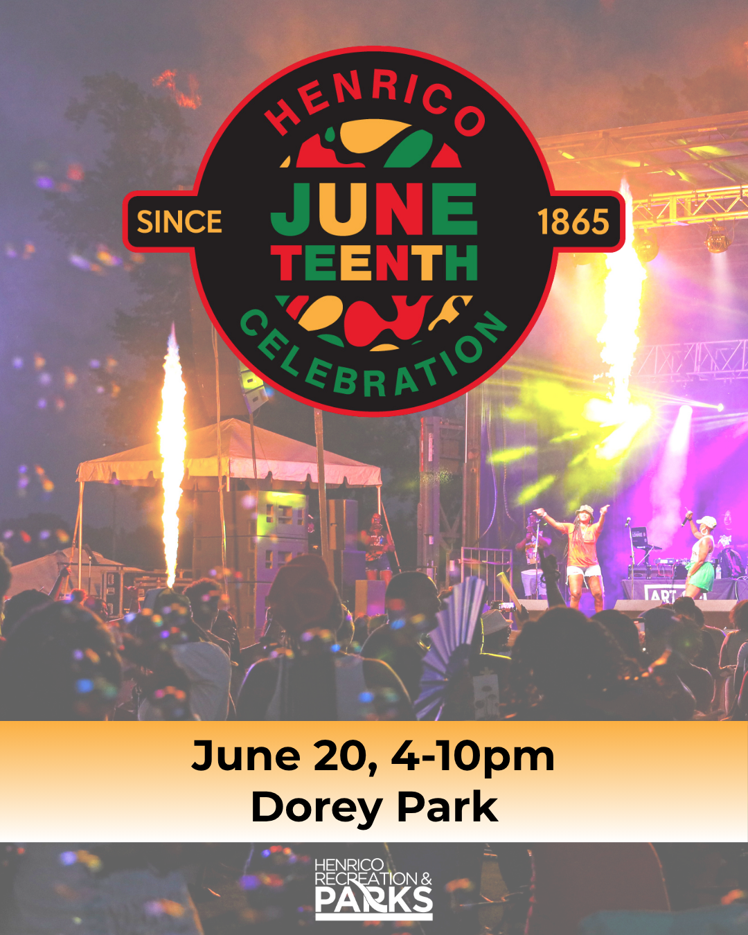 Henrico June Tenth Celebration since 1865 event at Dorey Park, with performers on stage and crowd in front of large logo banner.