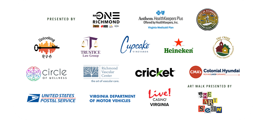 A collage of logos and branding for various organizations, businesses, and services including Radio One, Anthem HealthKeepers Plus, Trustice Law Group, Cupcake Vineyards, Heineken, The Creek, Circle of Wellness, Richmond Vascular Center, Cricket, Colonial Hyundai, United States Postal Service, and Virginia Department of Motor Vehicles.