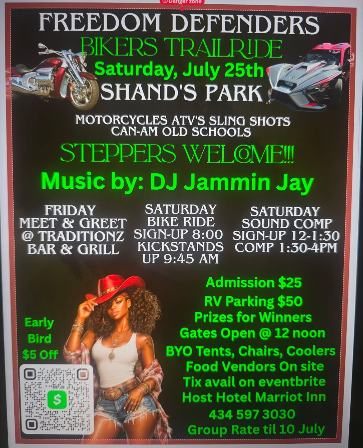 Freedom Defenders Bikers Trailride event poster with details on motorcycle show, music, and activities on July 25th at Shand's Park.