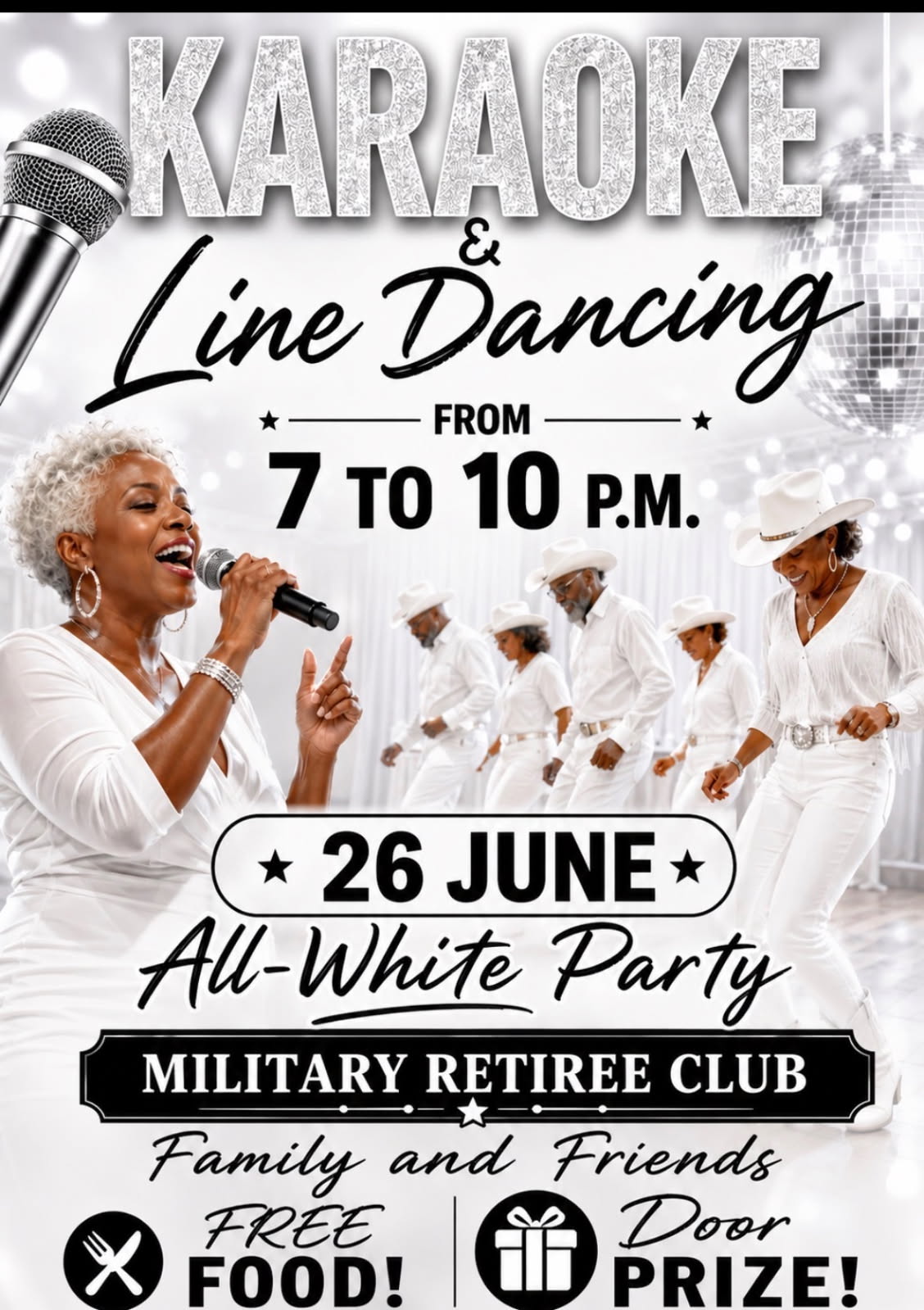 Karaoke and line dancing event at Military Retiree Club, with a woman singing into a microphone and dancers in white outfits performing on stage.