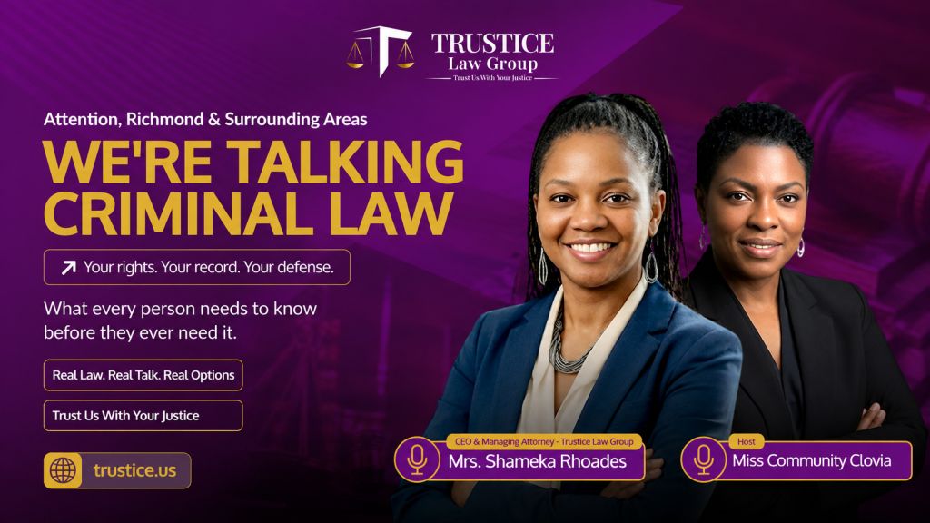 Two smiling African American women in business attire, one with braids and one with short hair, standing in front of a purple background with the "Trustice Law Group" logo and text about criminal law services.