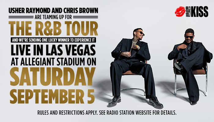 Usher Raymond and Chris Brown seated in chairs, promoting their R&B tour and a chance to win a trip to see them perform live in Las Vegas on September 5.