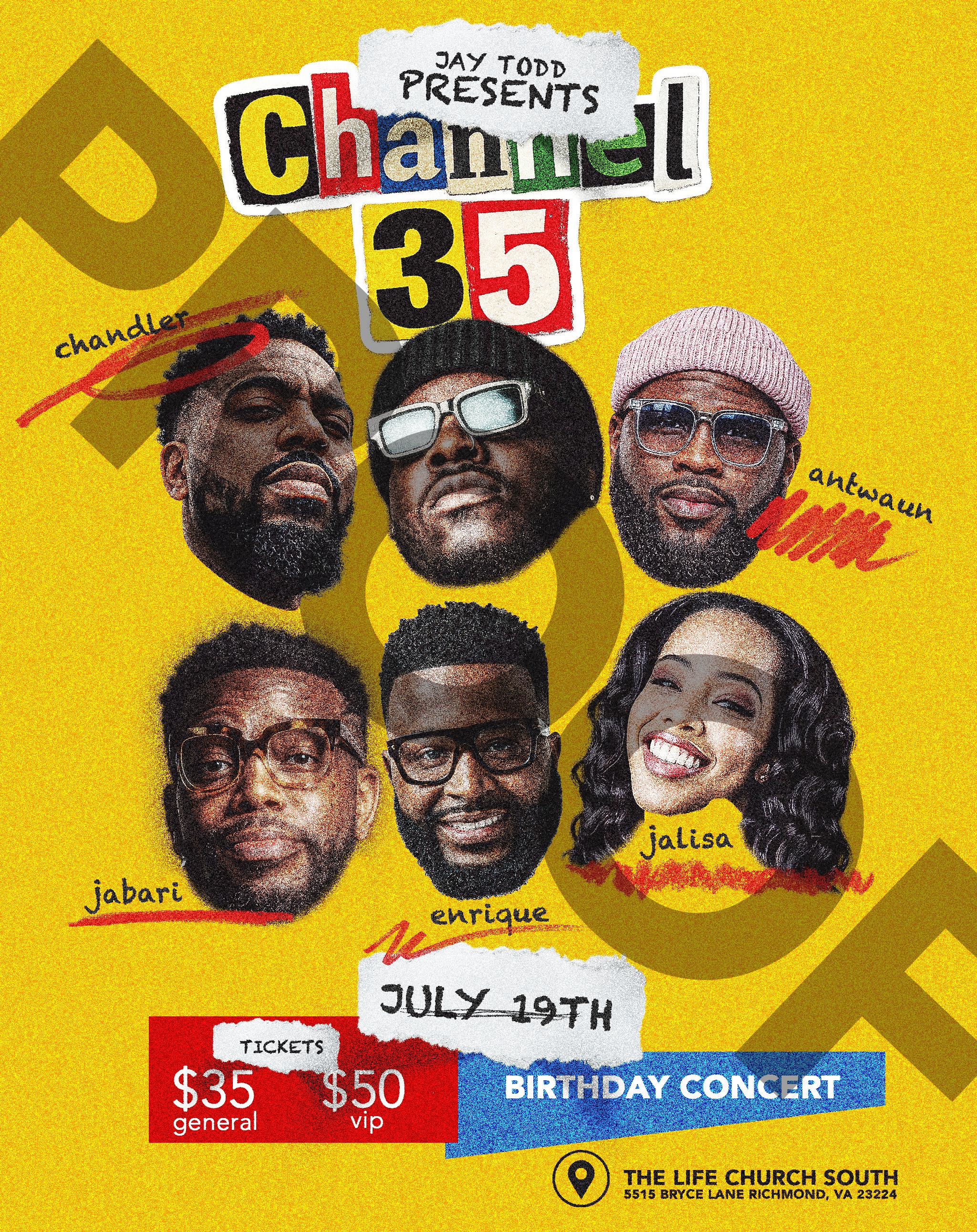 Promotional poster for a birthday concert event featuring six individuals with diverse facial features and expressions against a yellow background. The text "Channel 35" and event details are prominently displayed.