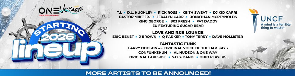 One Voyage music festival poster featuring lineup of artists starting in 2026, including DJ Kid Capri, Keith Sweat, and UNCF logo.