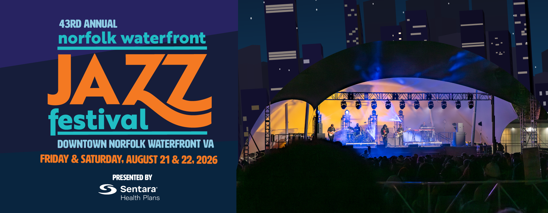 A nighttime outdoor music festival stage with performers on stage and a large crowd in front of it. The stage is illuminated with colorful lights and the text "43rd Annual Norfolk Waterfront Jazz Festival" is displayed.