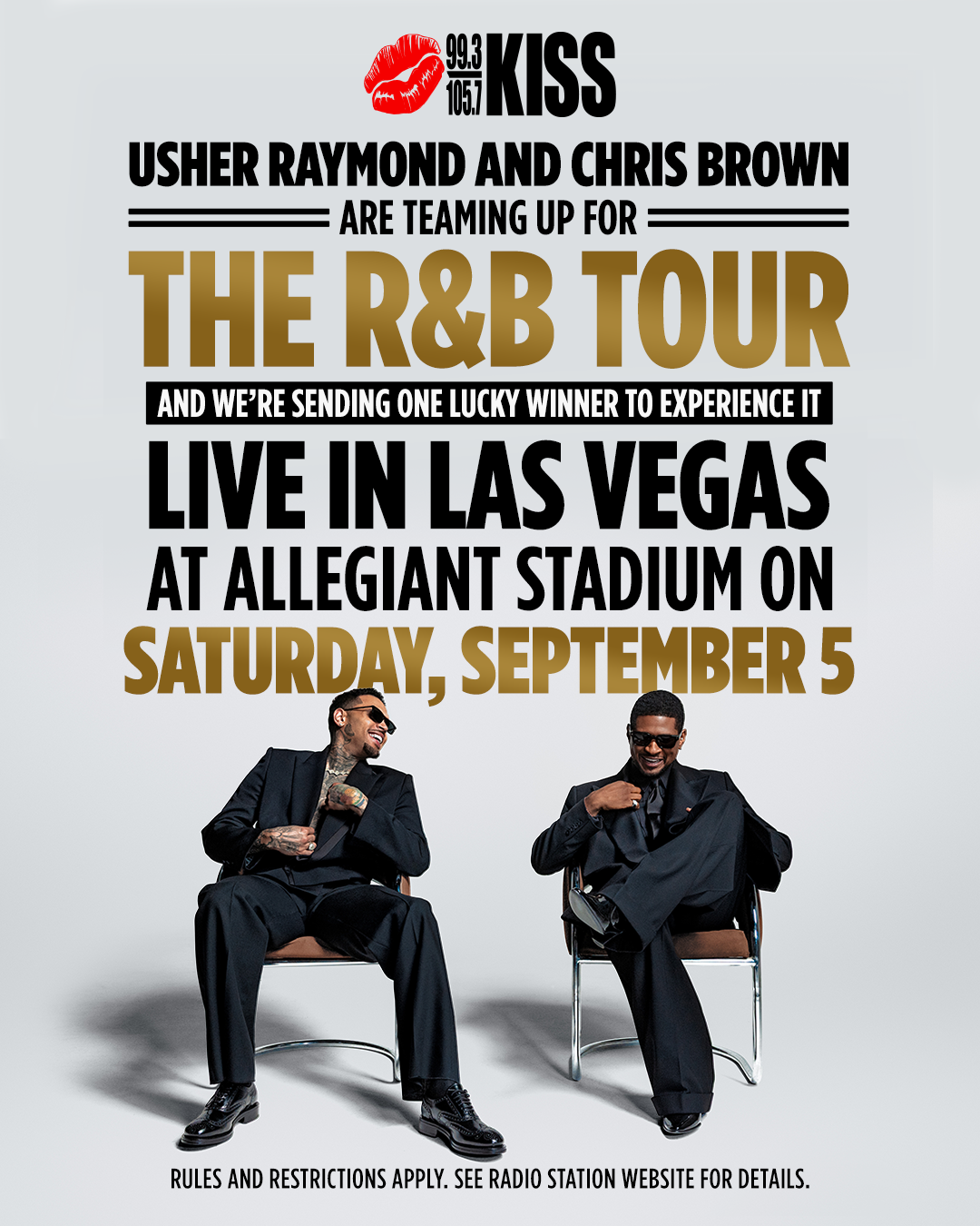 Usher Raymond and Chris Brown seated in suits, promoting their R&B tour with KISS radio station and a chance to win a trip to Las Vegas.