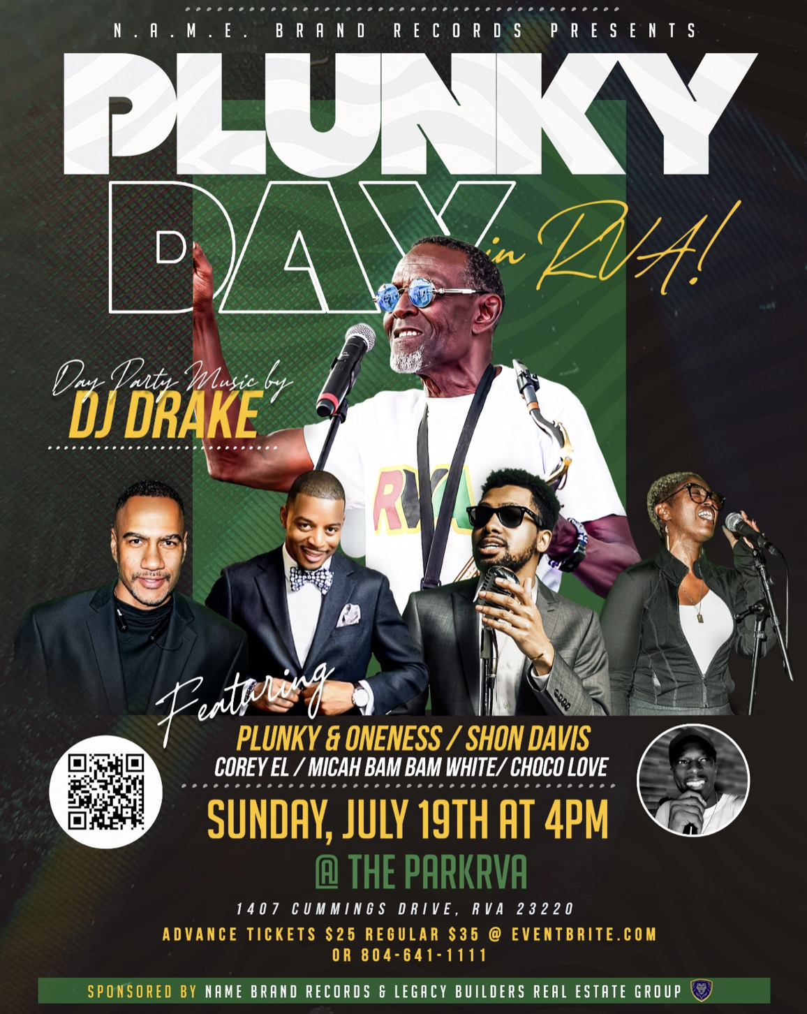 Promotional poster for a "Plunky Day" event featuring DJ Drake and various musical artists performing on Sunday, July 19th at 4PM at The Parkrva in Richmond, Virginia.
