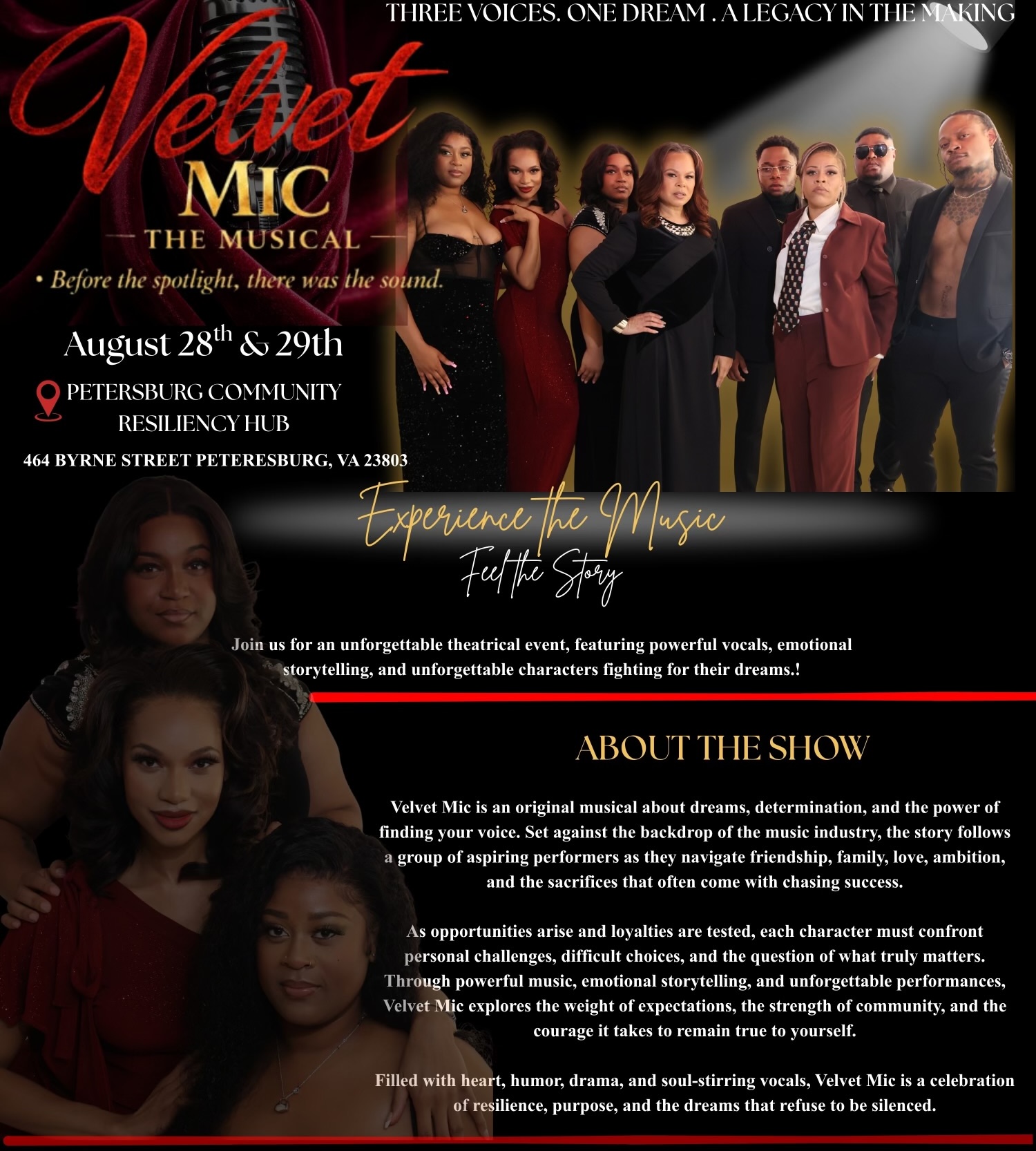 A theatrical event poster for "Velvet Mic the Musical", featuring a group of performers in formal attire against a dramatic backdrop. The text describes the show as exploring dreams, determination, and the power of finding one's voice.