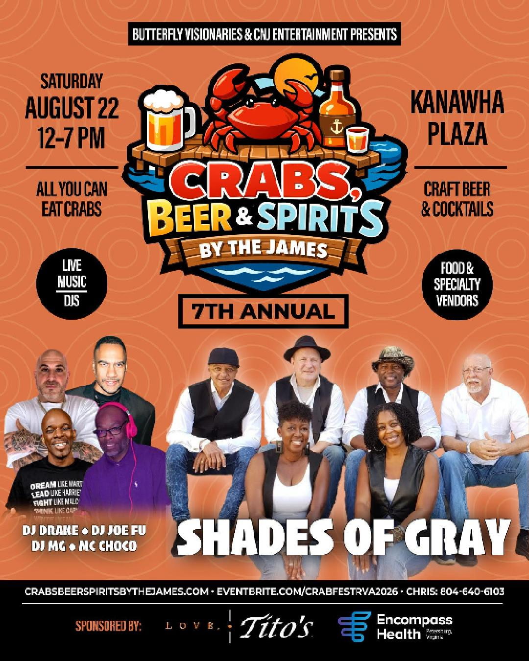 Crabs, Beer & Spirits by the James 7th Annual event poster featuring a crab illustration, food and drink offerings, and a group of diverse people.