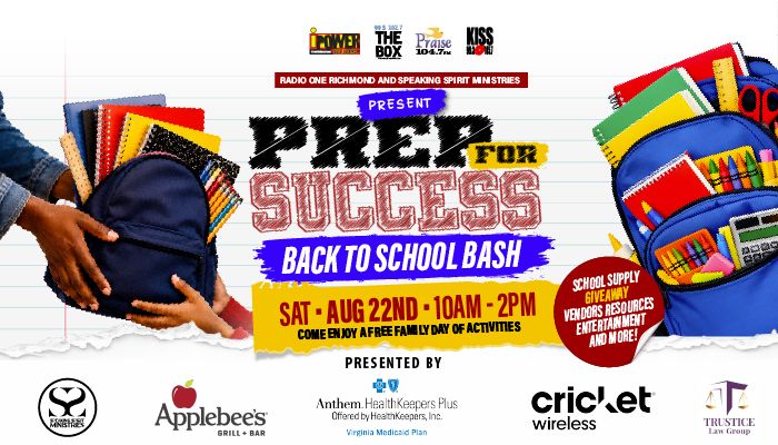 Back to school bash event poster featuring school supplies, Applebee's and Cricket Wireless logos, and text "PREP FOR SUCCESS" and "Back to School Bash" with date and time details.