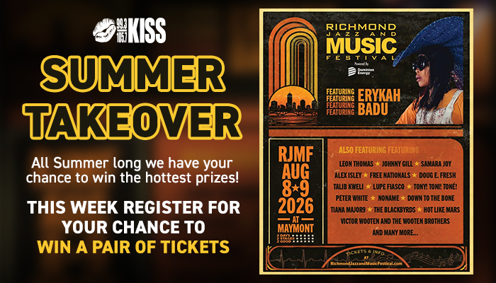 Summer takeover event poster featuring the Richmond Jazz and Music Festival lineup with Erykah Badu, RJMF Aug 8-9 2026 at Maymont.