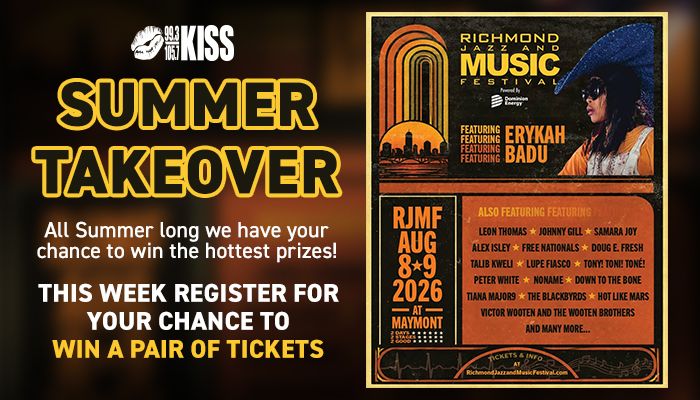 Summer takeover event poster featuring the Richmond Jazz and Music Festival lineup with Erykah Badu, RJMF Aug 8-9 2026 at Maymont.