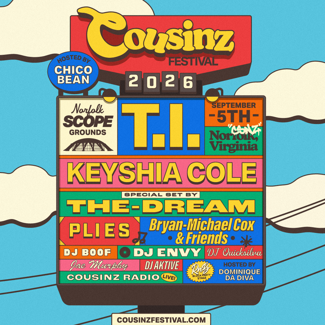 Colorful poster for the 2026 Cousinz Festival in Norfolk, Virginia, featuring performers like Keyshia Cole, The-Dream, and Bryan-Michael Cox & Friends.