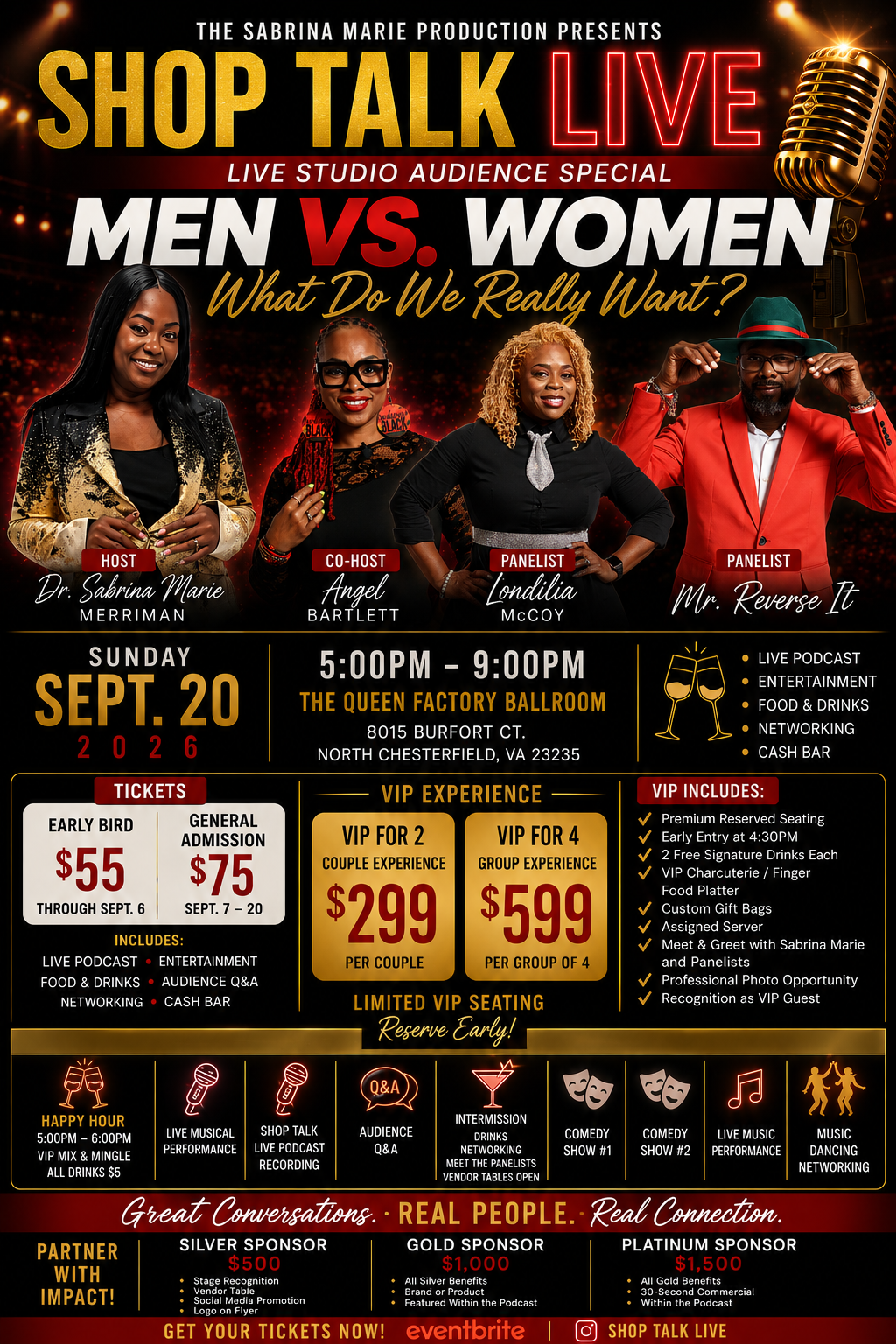 A promotional poster for a live studio audience event called "Shop Talk Live" featuring a panel discussion on "Men vs. Women: What Do We Really Want?" The poster includes the event details, ticket information, and a list of the panelists.