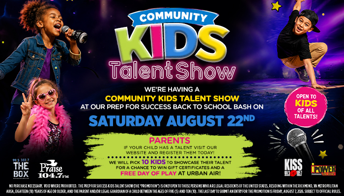 Community Kids Talent Show poster featuring young performers singing and dancing on stage with text promoting the event on Saturday, August 22nd.