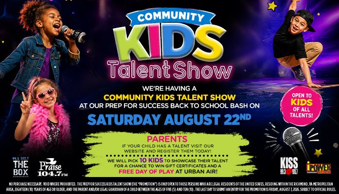 Community Kids Talent Show poster featuring young performers singing and dancing on stage with text promoting the event on Saturday, August 22nd.