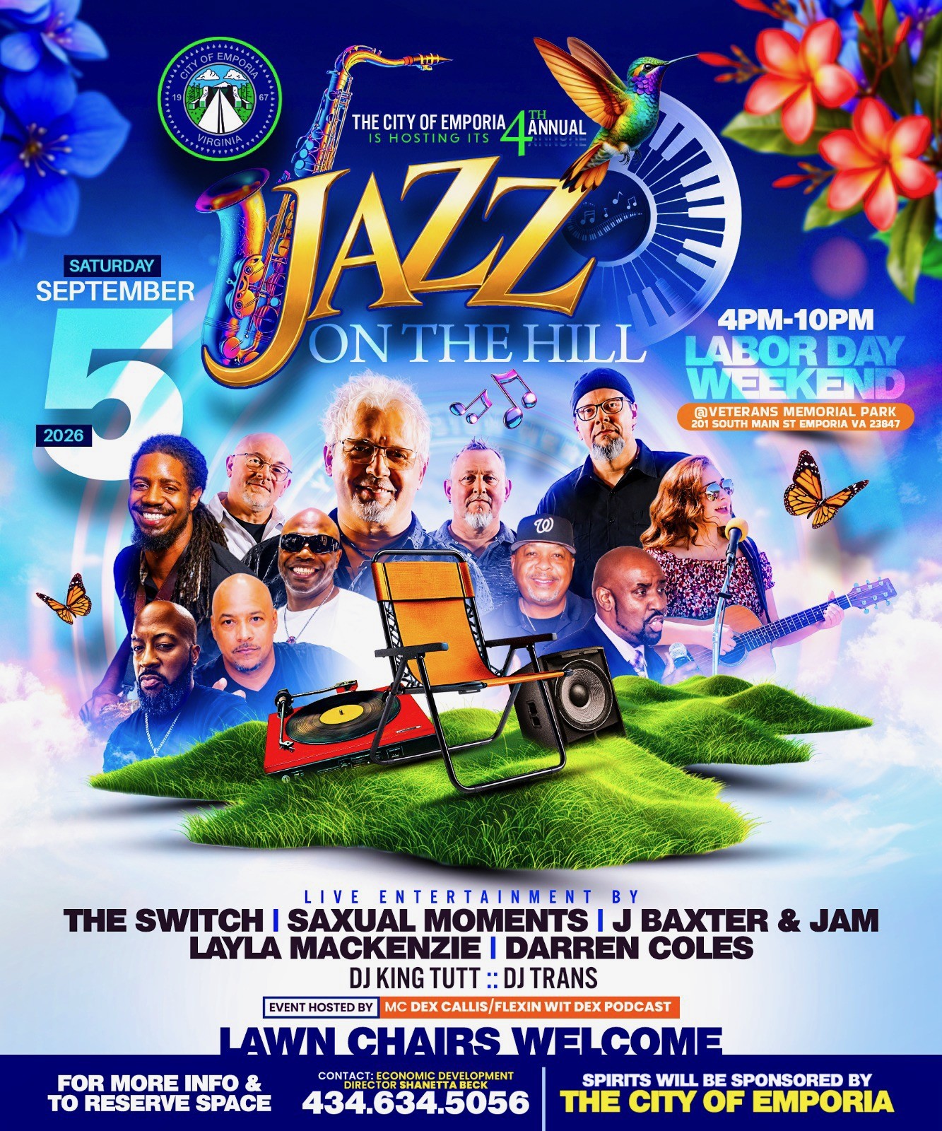 Jazz on the Hill festival poster featuring live entertainment, including The Switch, Sexual Moments, J Baxter & Jam, Layla Mackenzie, and Darren Coles, along with DJ King Tutt and DJ Trans. The event is hosted by the City of Emporia, Virginia on Labor Day weekend.