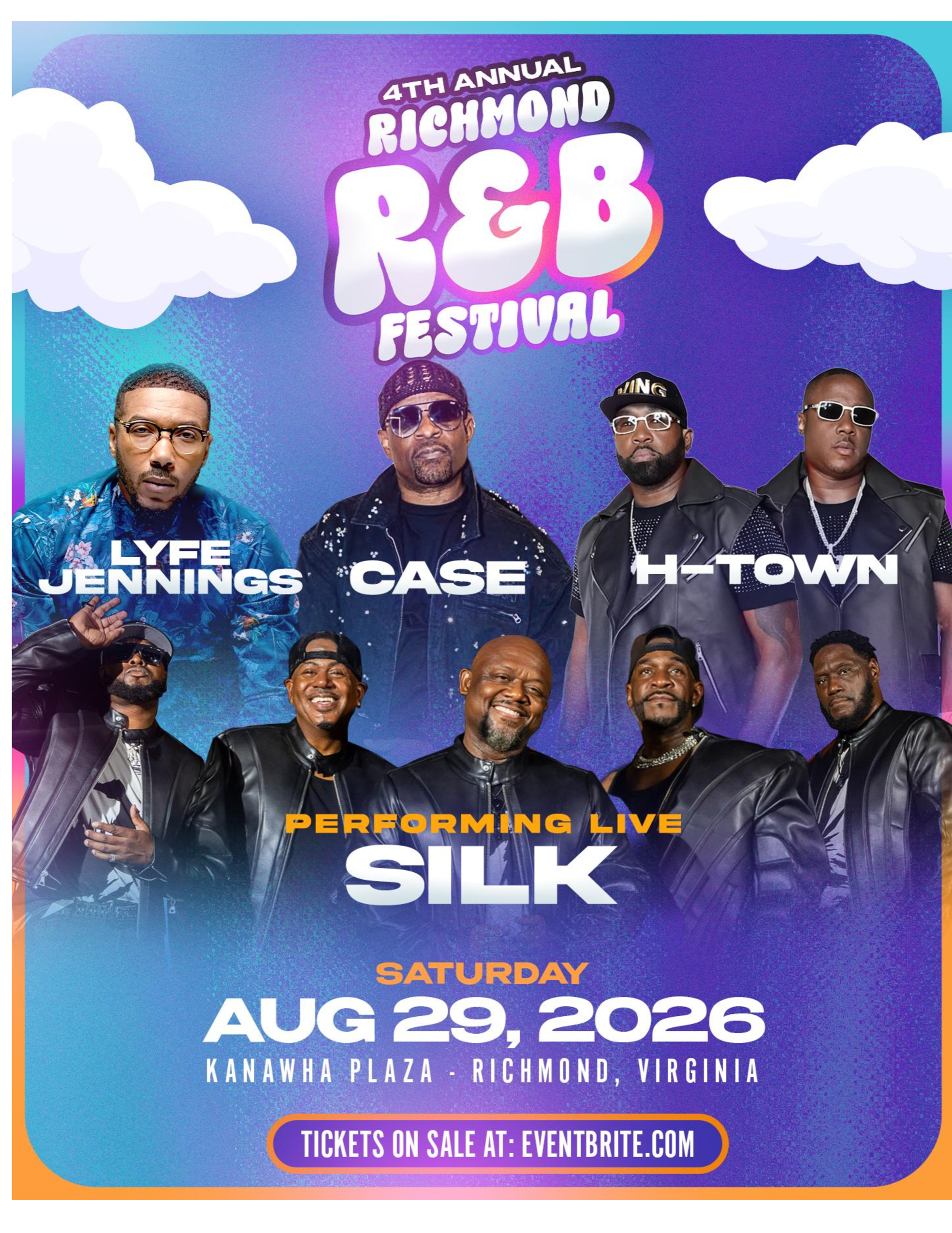 Poster for the 4th Annual Richmond R&B Festival, featuring performers Lyfe Jennings, Case, H-Town, and Silk, performing live on August 29, 2026 at Kanawha Plaza in Richmond, Virginia. Tickets available at Eventbrite.com.