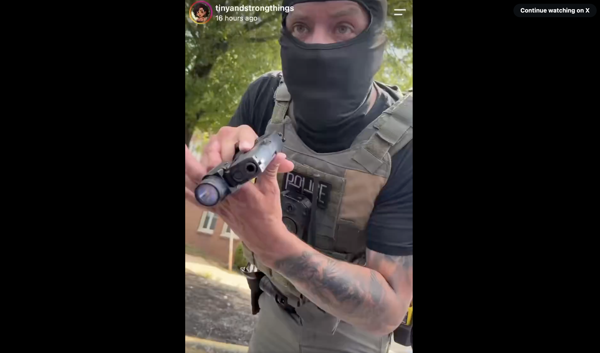A person wearing a black mask and tactical gear, holding a police-issued firearm.