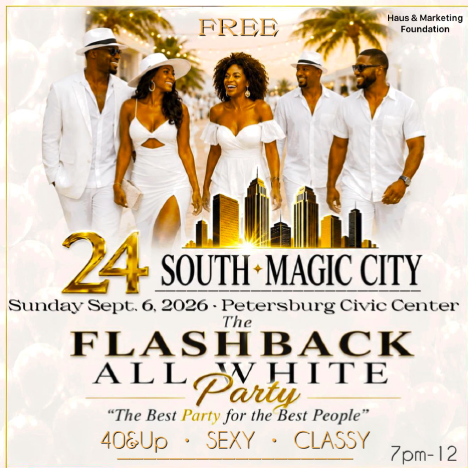 A group of people in white clothing posing in front of a city skyline, with the text "FREE 24 SOUTH MAGIC CITY FLASHBACK ALL WHITE PARTY" and other event details.