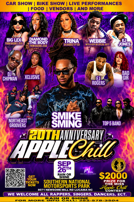 Promotional poster for the 20th anniversary Apple Chill event featuring various musical artists and performers.