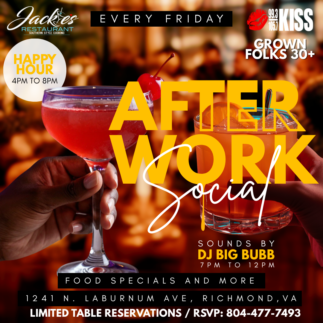After work social event at Jackes Restaurant, featuring happy hour specials, DJ Big Bubb music, and food specials.
