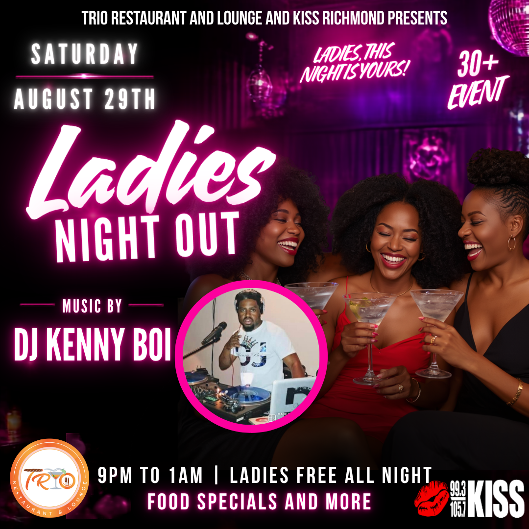 Ladies night out event poster featuring three smiling women in red dresses, with DJ Kenny Boi as the music performer. Text includes "Ladies, this night's yours!" and event details.